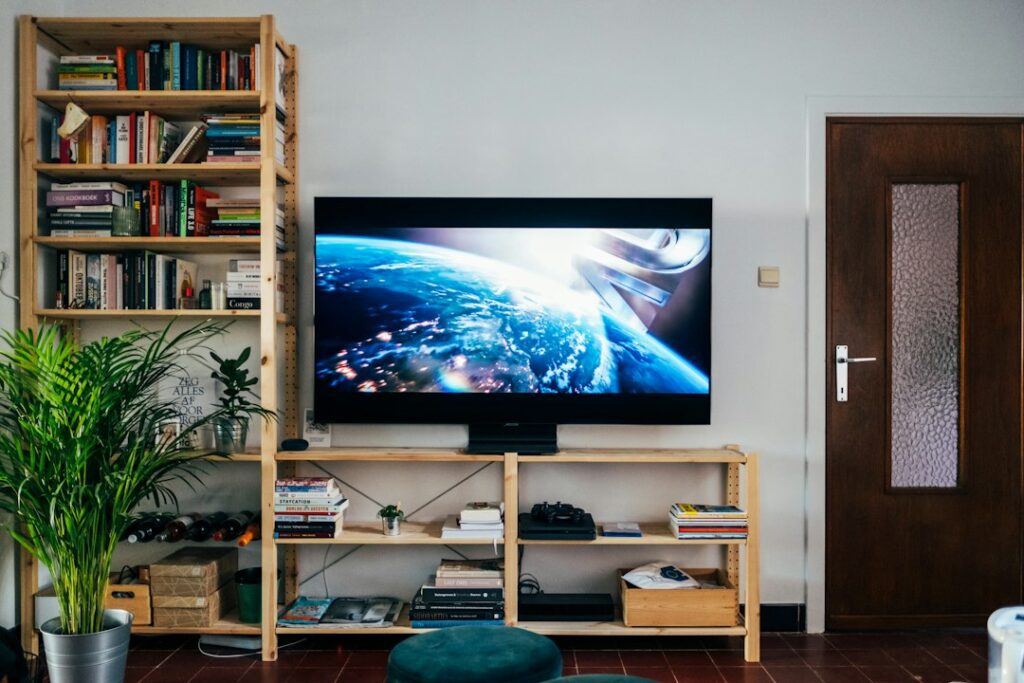 Television in a living room illustrating live-video audio track selection
